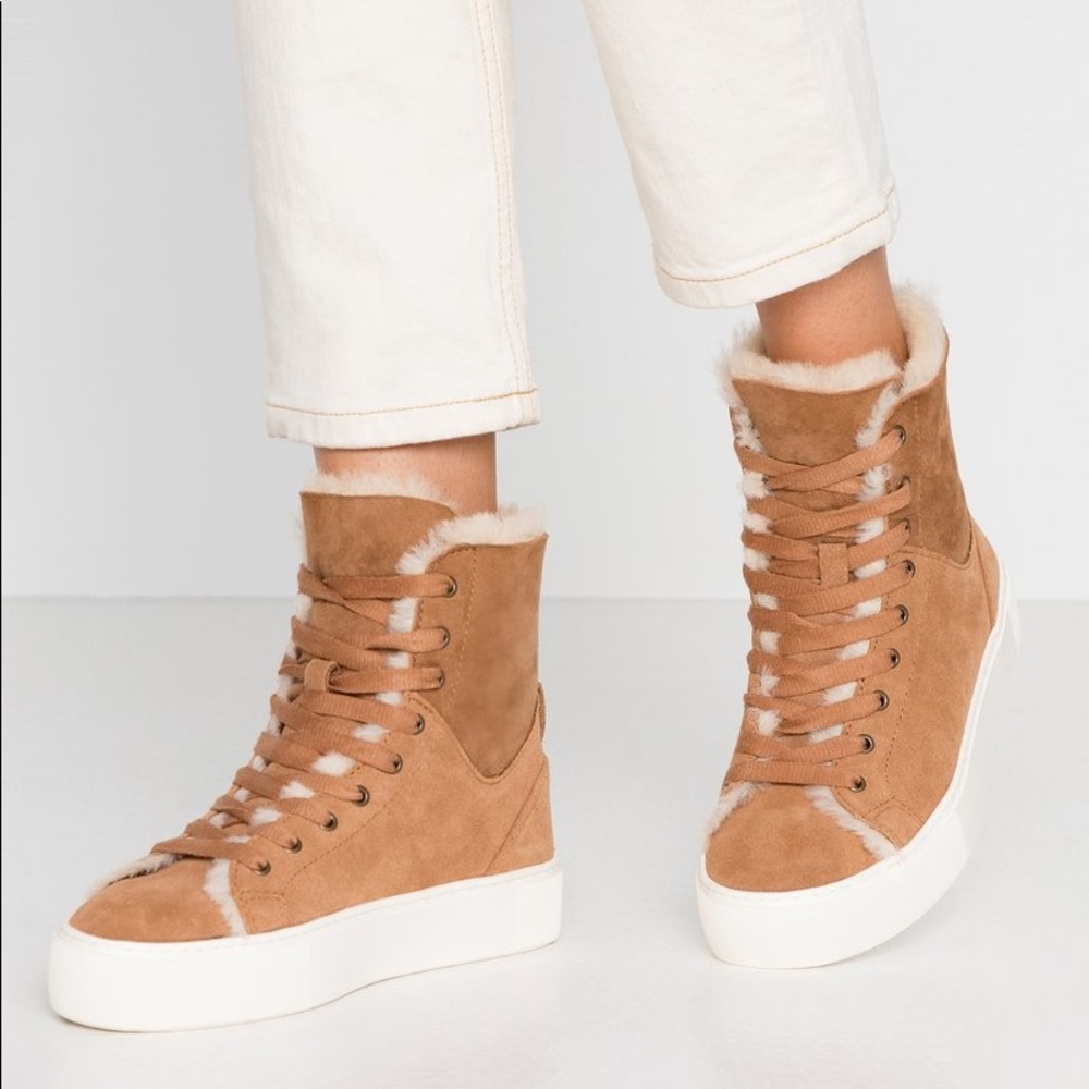UGG Tan Suede High-Top Sneakers with Shearling Trim